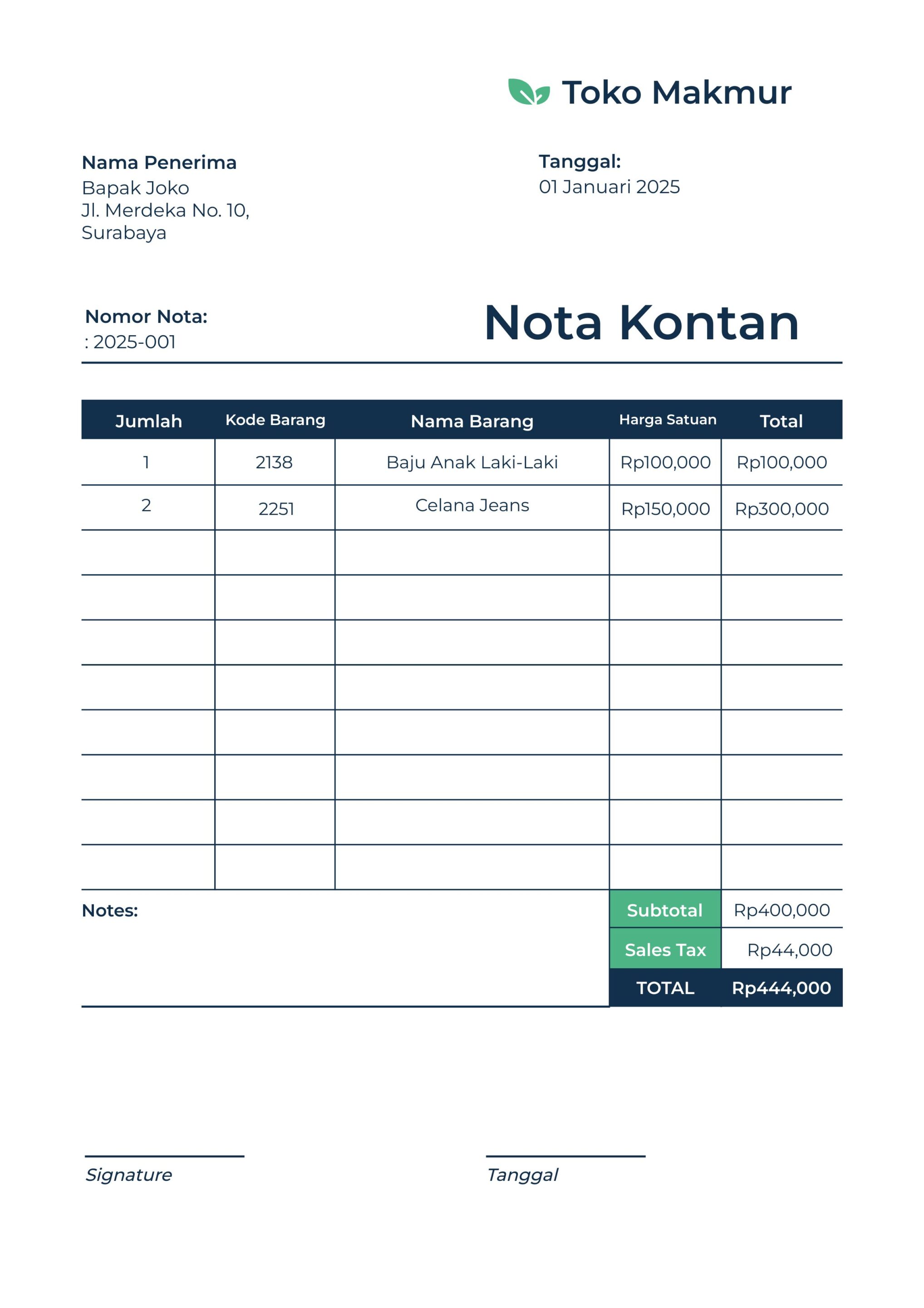 Contoh Nota kontan