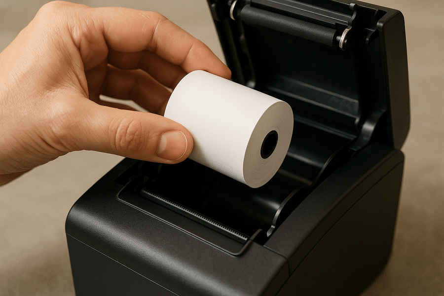 Tangan memasang kertas thermal